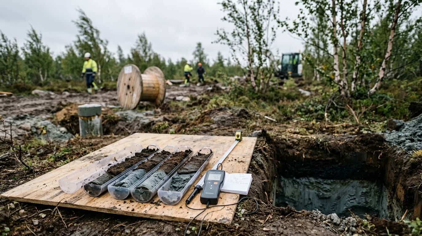 Geotechnical soil samples and field kit at a Finnish coastal site with buried infrastructure context