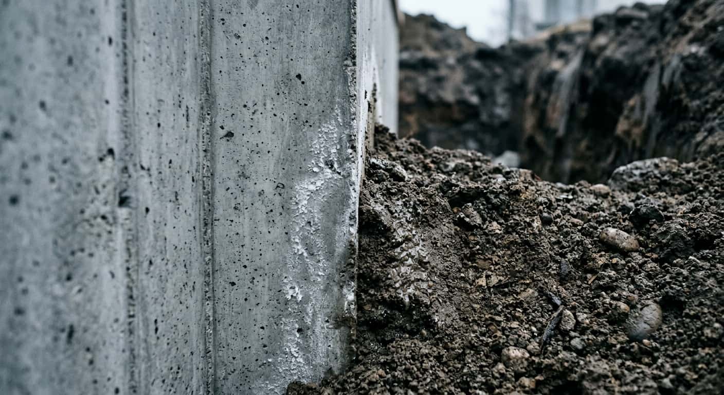Damp salt-affected soil in contact with concrete at a foundation edge, suggesting chloride exposure risk