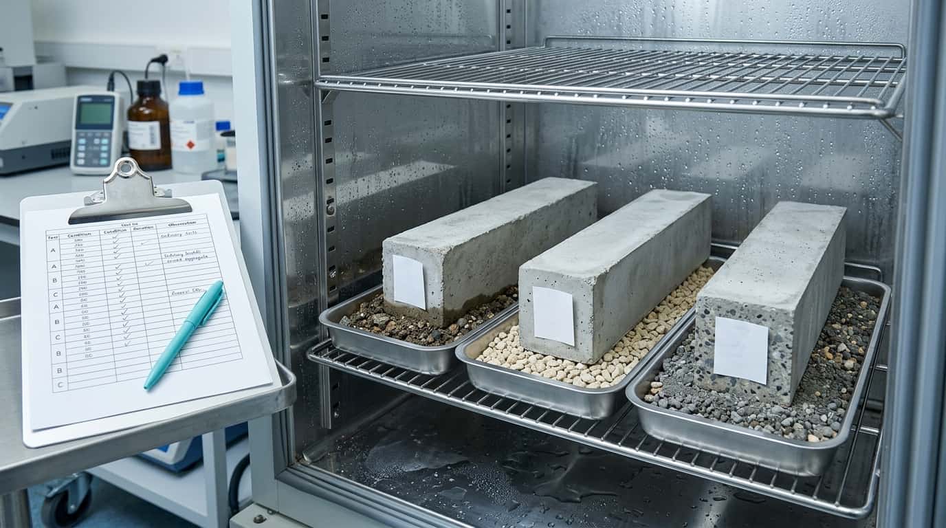 Laboratory setup suggesting matched comparison testing of bedding materials against concrete specimens
