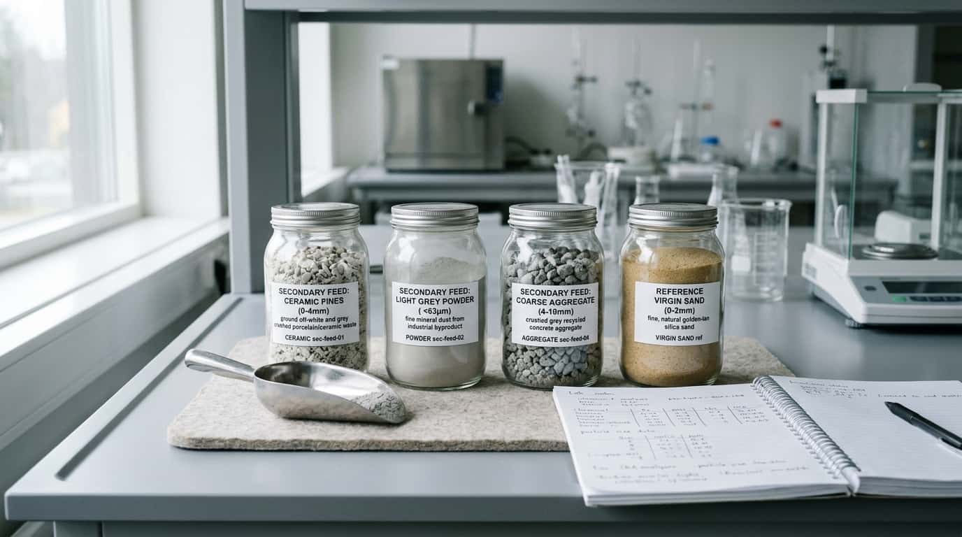 Lab bench with separate jars of candidate recycled mineral inputs beside reference material for qualification