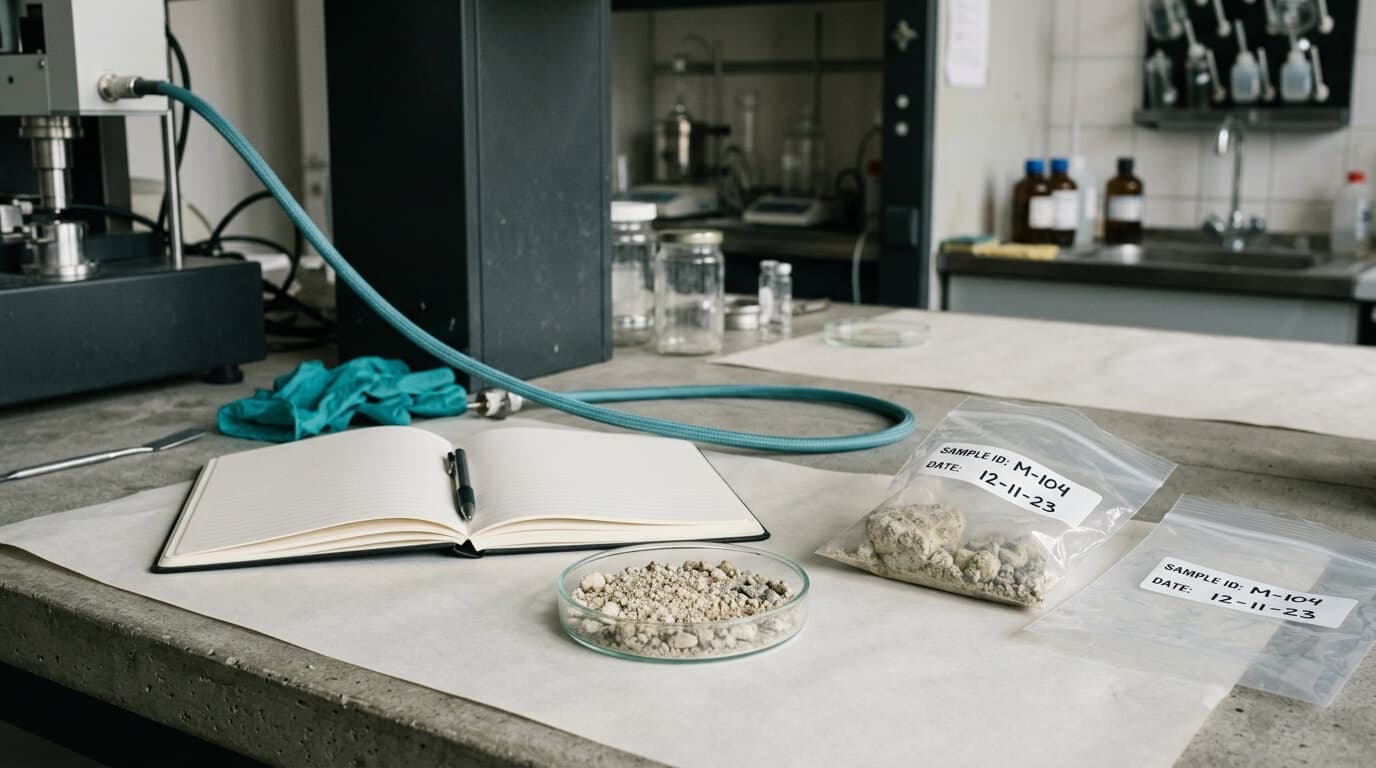 Lab bench with mineral sample, notebook, and sample bags suggesting an evidence workflow