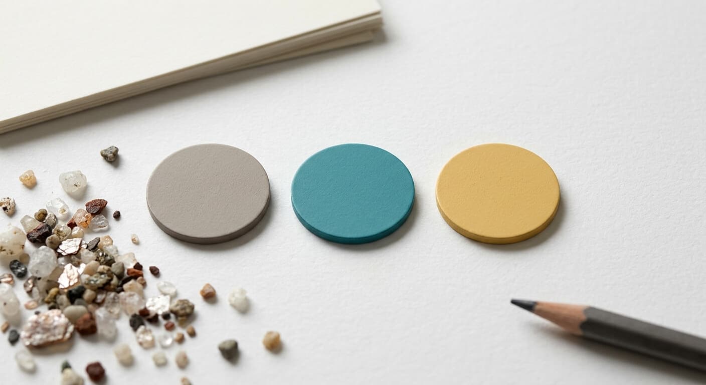 Status notebook beside mineral granules on a lab work surface
