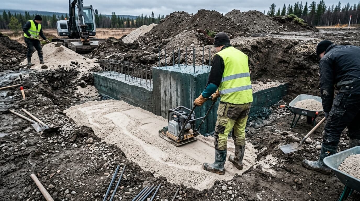 Loose mineral protective backfill being placed and compacted around a foundation in an ordinary trench day