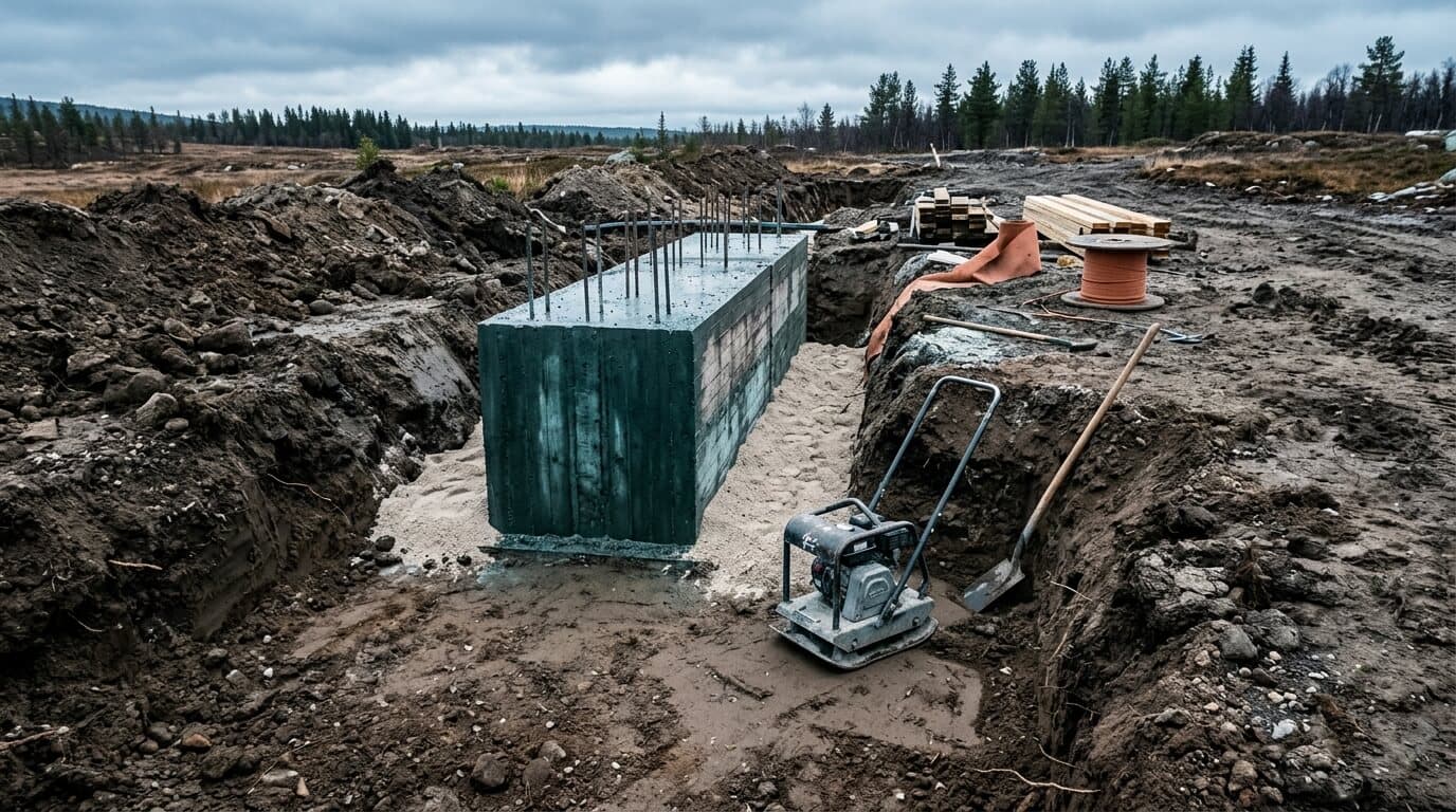 Engineered mineral bedding filling the soil contact zone beside buried reinforced concrete in an open trench