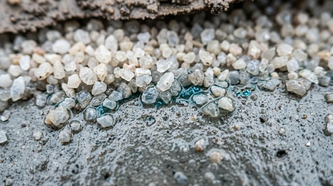 Close view of SubLay C mineral bedding against concrete