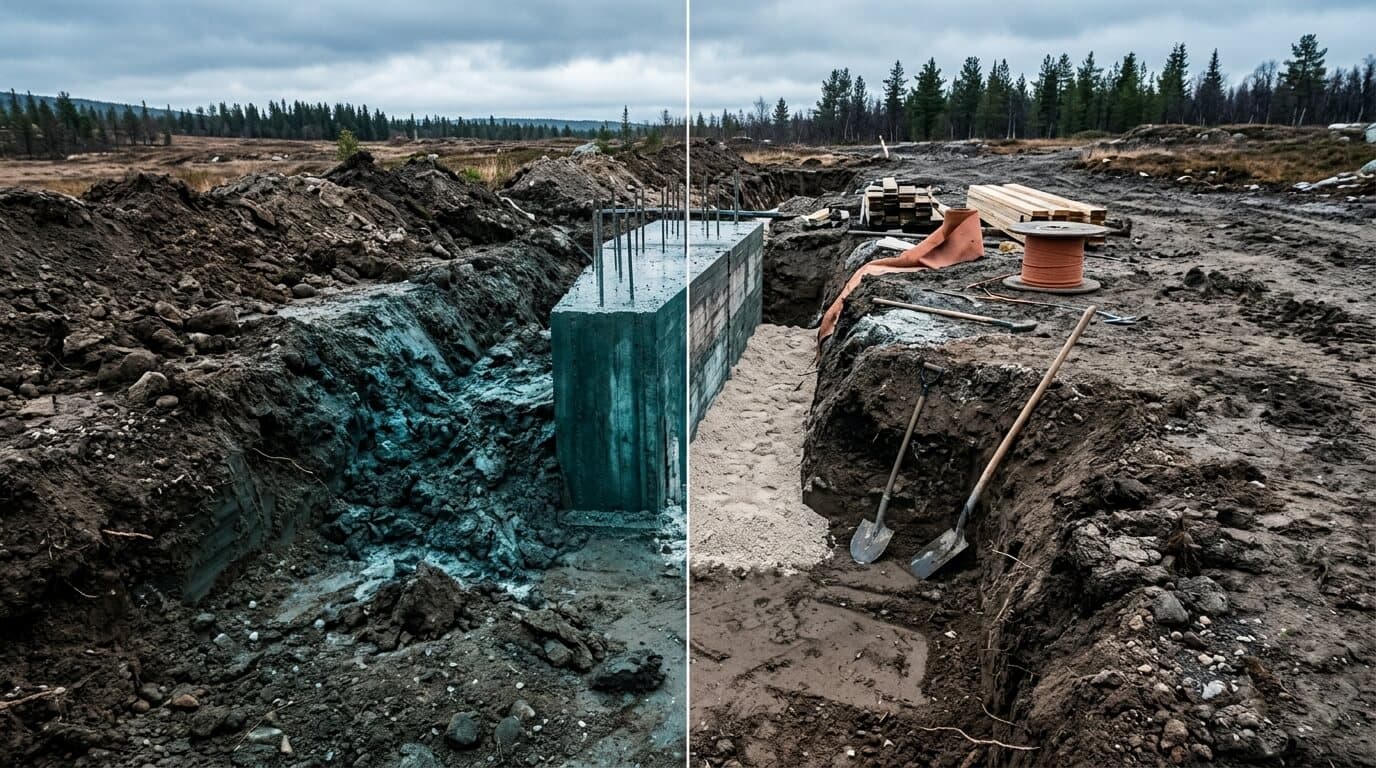 Contrast between ordinary trench spoil and a pale engineered mineral bed against concrete