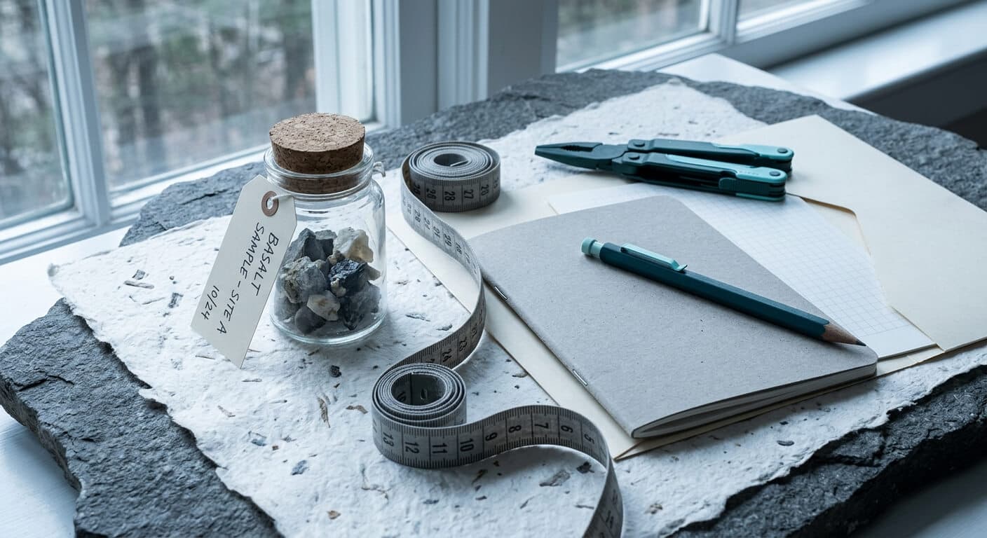 Pilot scoping kit with mineral sample, notebook, and measuring tape