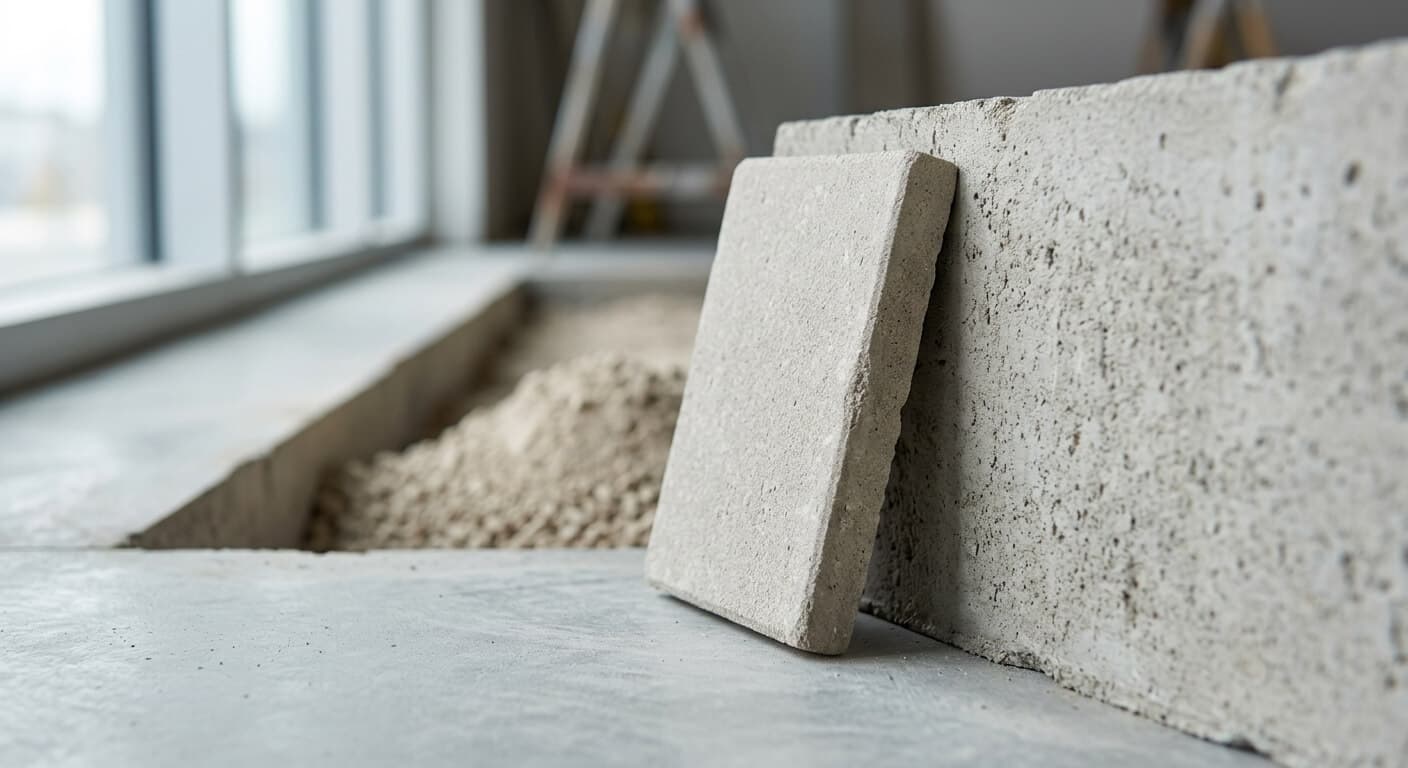 Unbranded precast mineral tile staged against a concrete contact face