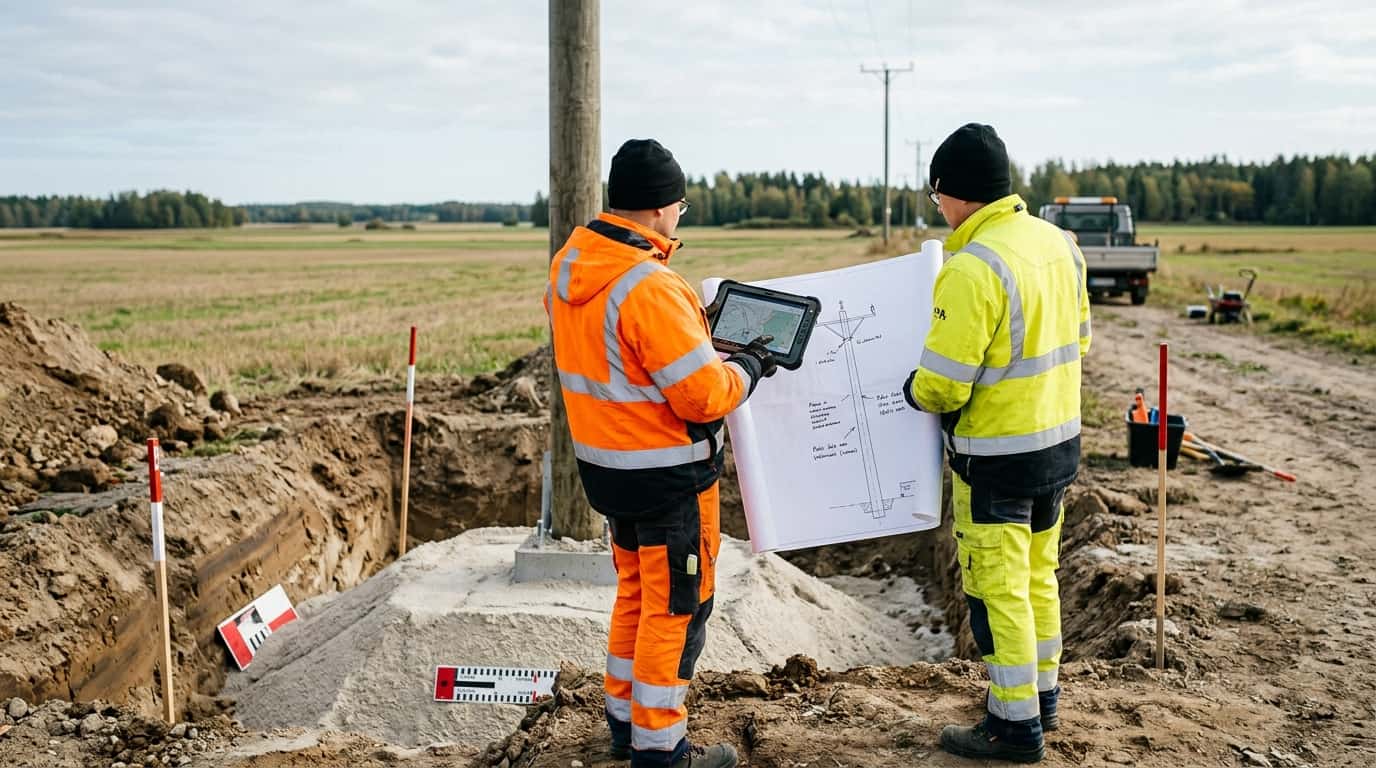 Site review at a pole foundation trench with engineered bedding visible, suggesting a pilot decision meeting