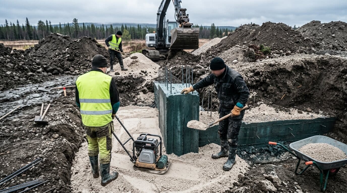 Pale mineral bedding bags staged beside a trench edge for Form 1 placement