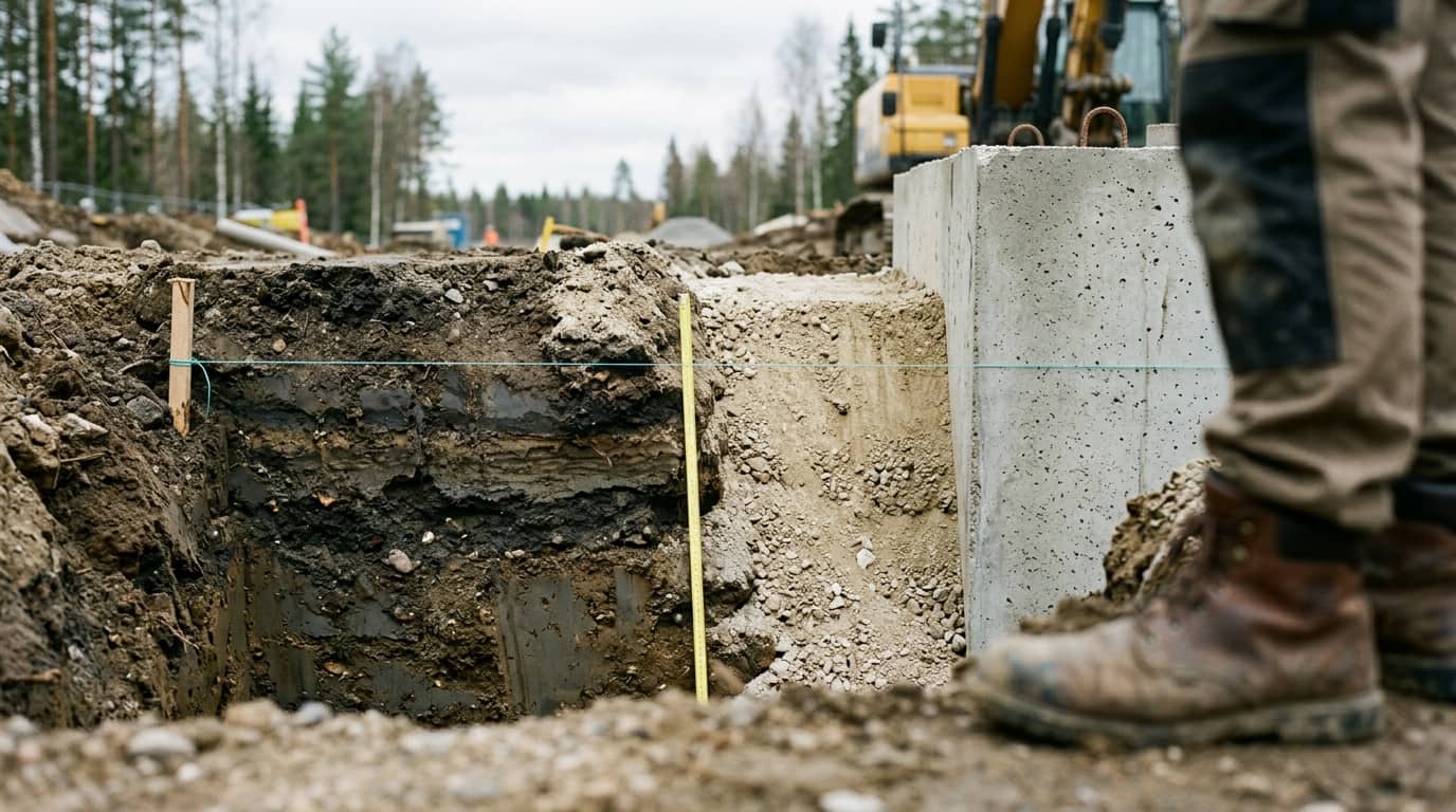 Open trench showing pale mineral bedding against buried concrete and darker native soil, suggesting technical durability notes