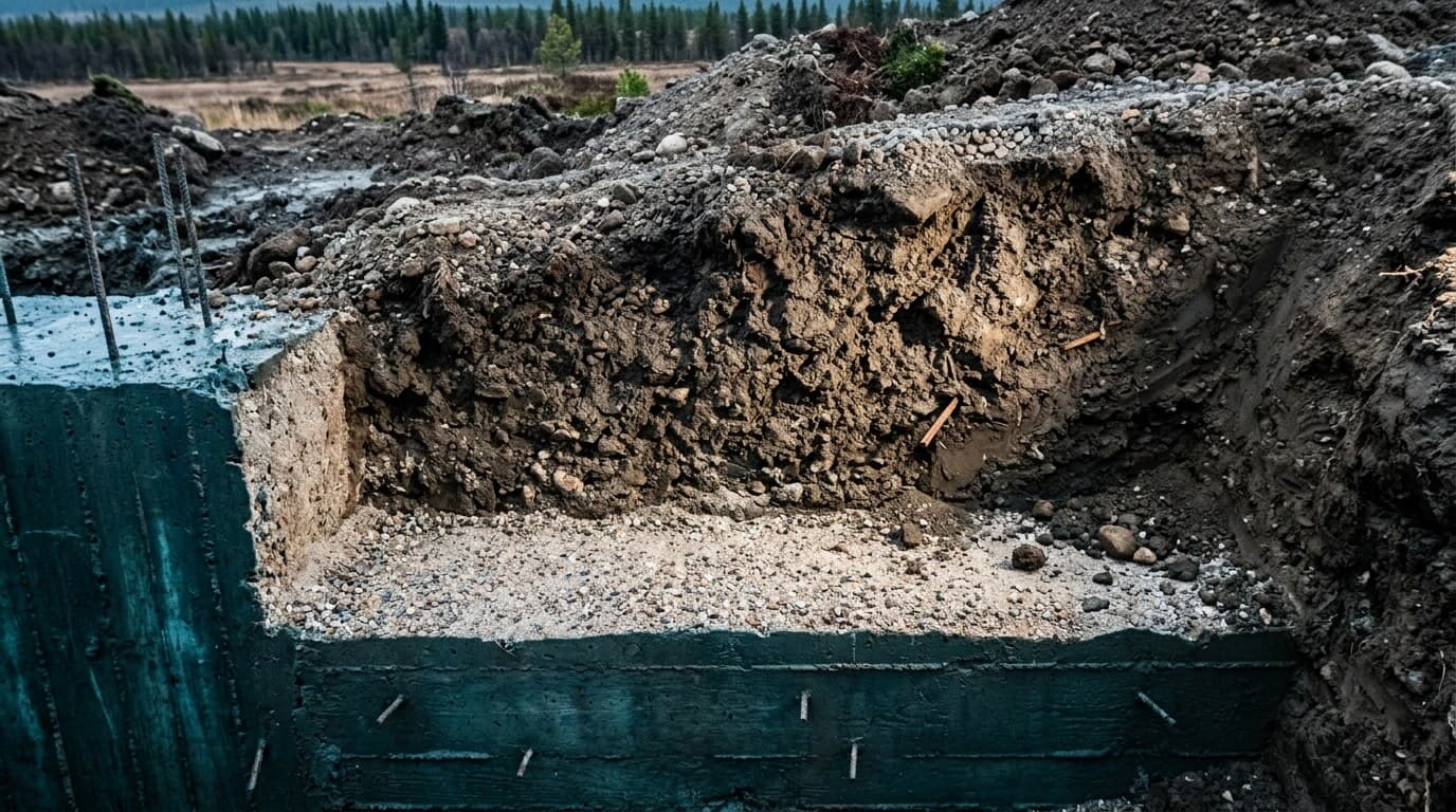 Cross-section of pale mineral bedding against concrete with native backfill beyond